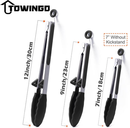 Silicone Kitchen Tongs, 3Pcs Tongs for Cooking with Silicone Tips, Food Grade Small Tongs, Mini Serving Tongs for BBQ Salad, Green, 7"+9"+12"
