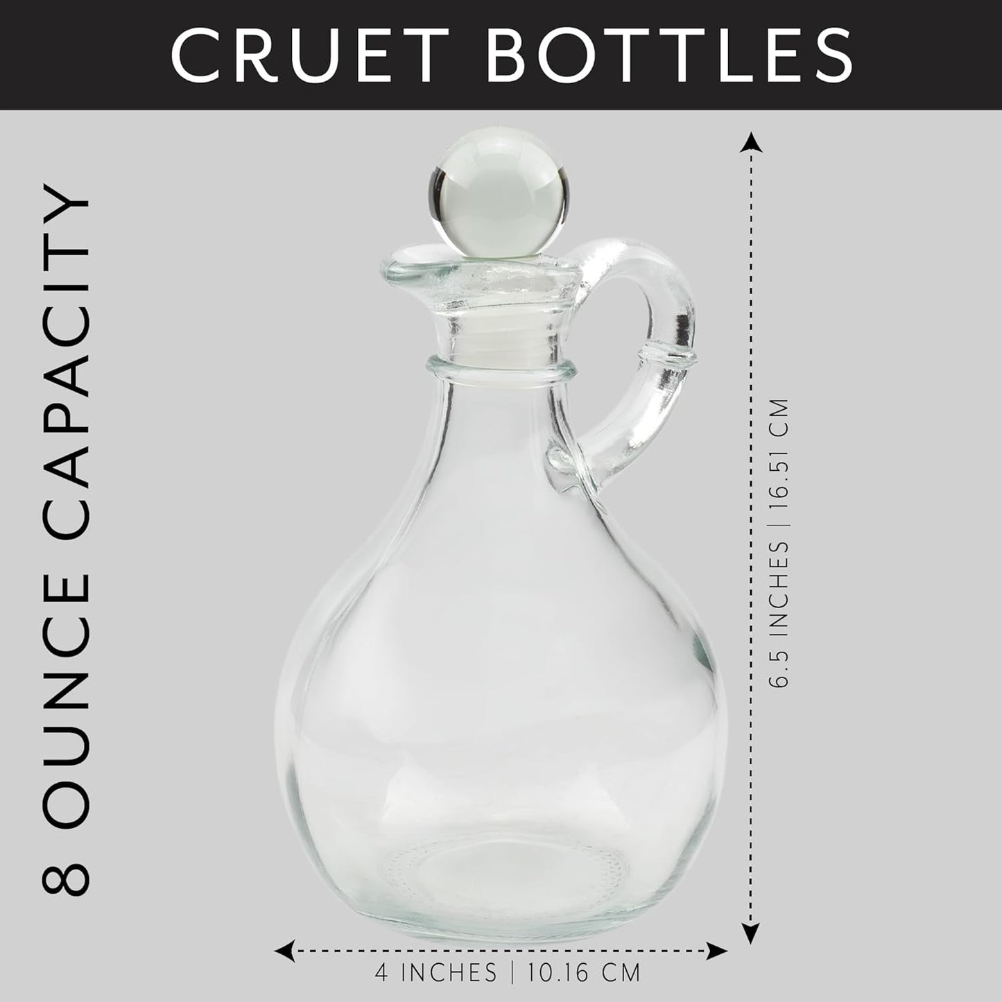 Cornucopia Brands Glass Oil and Vinegar Cruets (Set of 2); 8oz Round Oil Dispensers / Salad Dressing Bottles with Stoppers