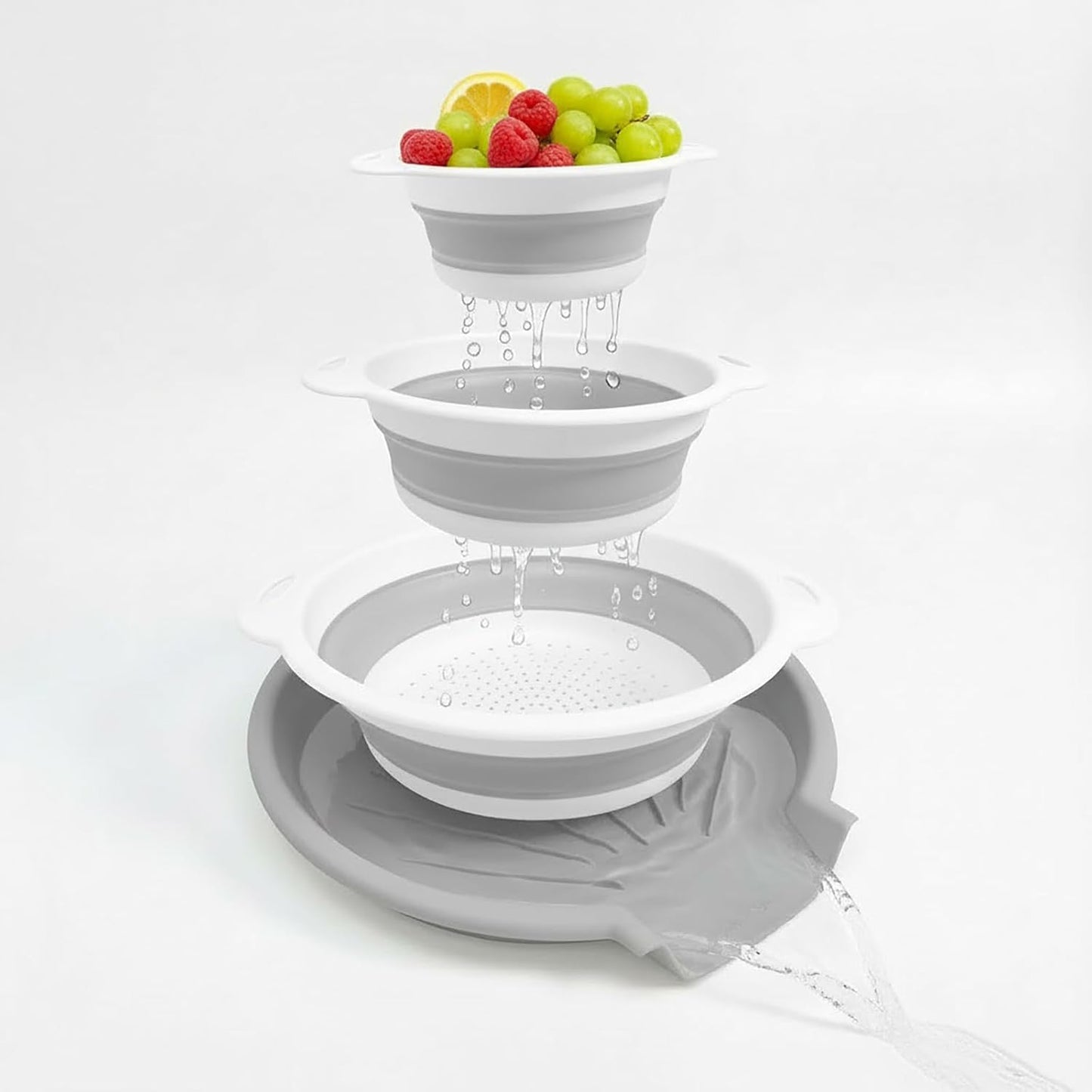 Collapsible Colanders Set, 3 Pack Food Strainers with Over-Sink Water Draining Base for Pasta Fruits and Vegetables