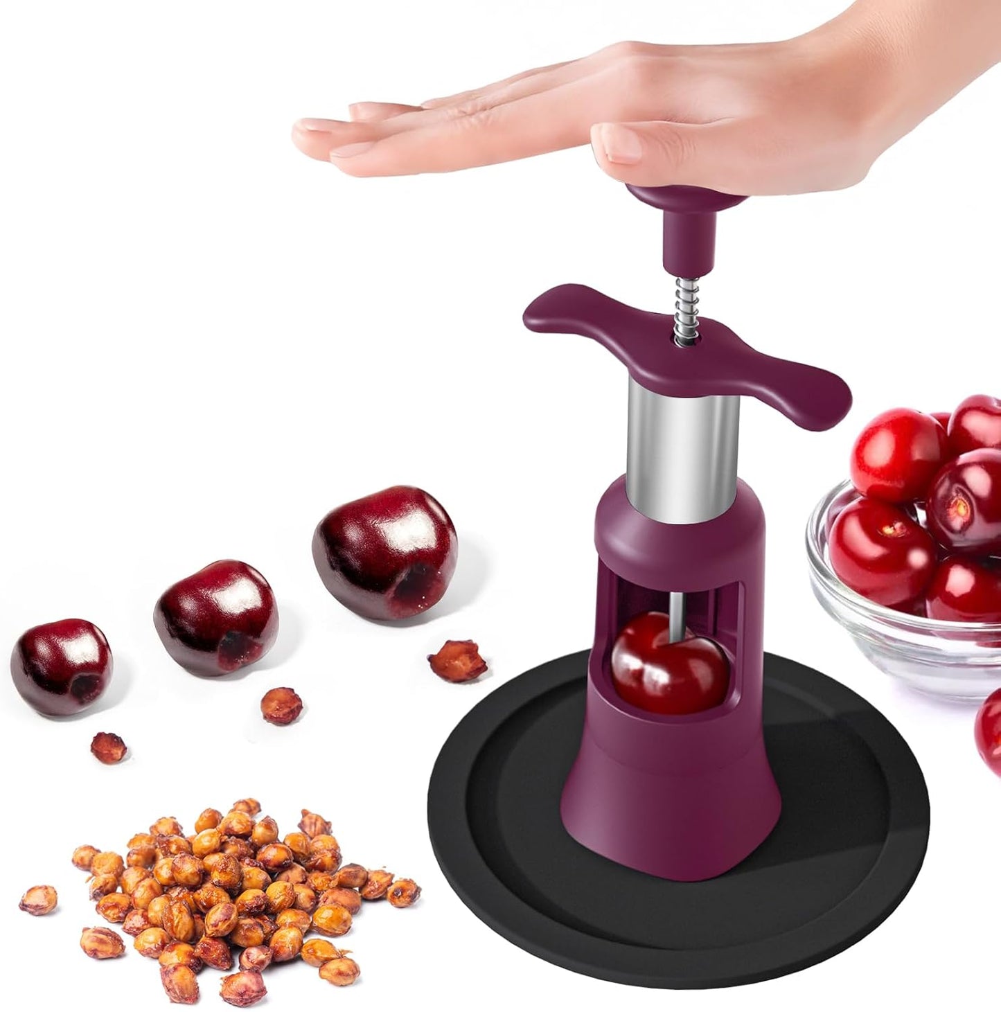 2 in 1 Cherry Pitter Remover Tool, Premium Quick Release Cherry Pitter, Press & Push Type, Large 33mm Cherry Seed Remover, Durable, Food Grade Stainless Steel & PP Plastic