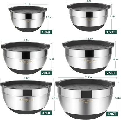 Umite Chef Mixing Bowls with Airtight Lids, 6 piece Stainless Steel Metal Nesting Storage Bowls, Non-Slip Bottoms Size 7, 3.5, 2.5, 2.0,1.5, 1QT, Great for Mixing & Serving (Khaki)