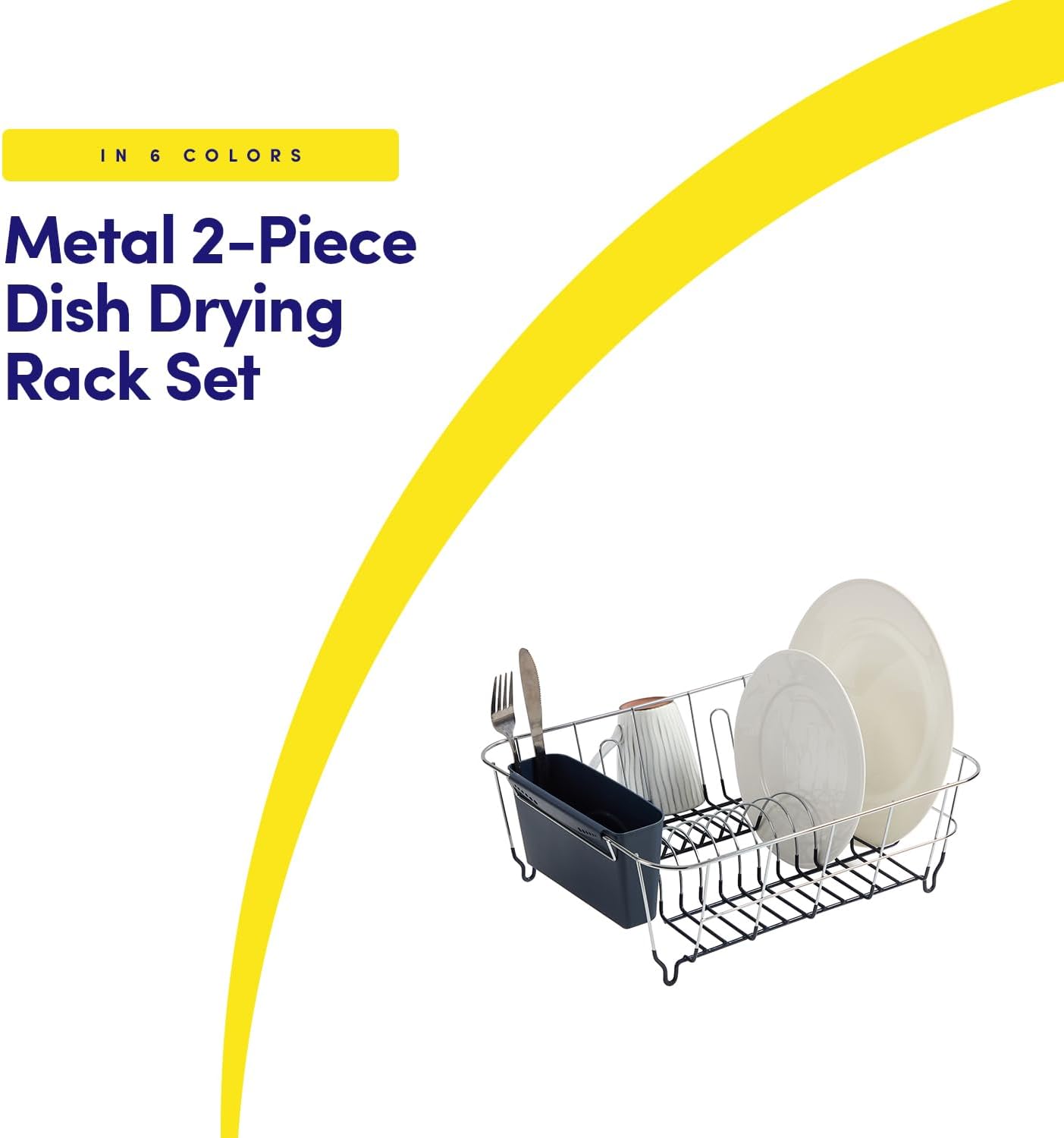Dish Drying Rack & Cutlery Holder 2 Piece Set - Compact Sink-Fitting Dish Drainer with Rubberized Undercoating, Space-Saving Kitchen Organizer for Plates, Cups, Bowls & Utensils in Sink, Silver