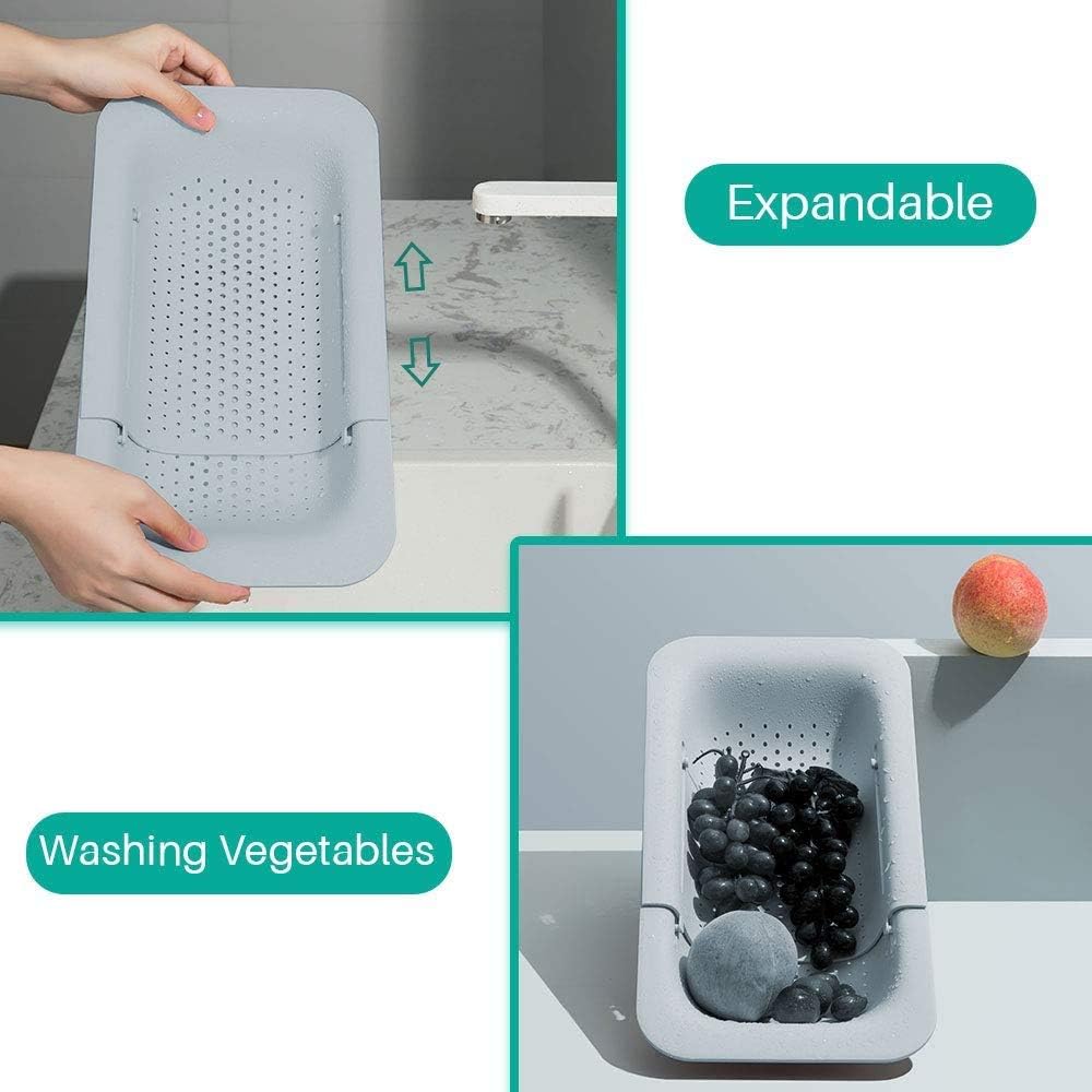 Extendable Strainer Basket Over the Sink Colander Vegetables Noodle Pasta Food Drain Basket Space Saver Portable Drainer (Grey)