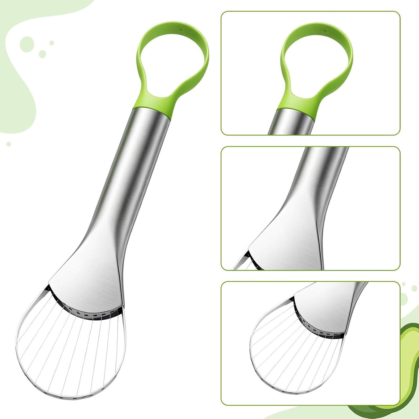 Avocado Slicer Tool, 3-in-1 Stainless Steel Avocado Slicer Tool with Peeler & Pitter, Silver & Green Design for Slicing, Scooping Pit Removal (9.37 x 2.28 In)