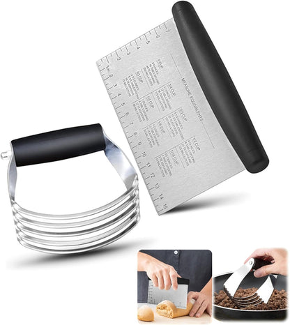 2er Pack Stainless Steel Pastry Blender Cutter and Bench Scraper Set, Efficient Multipurpose Kitchen Baking Tool with Ergonomic Grip Handle for Nut, Pie and Dough Processing (Cutter)