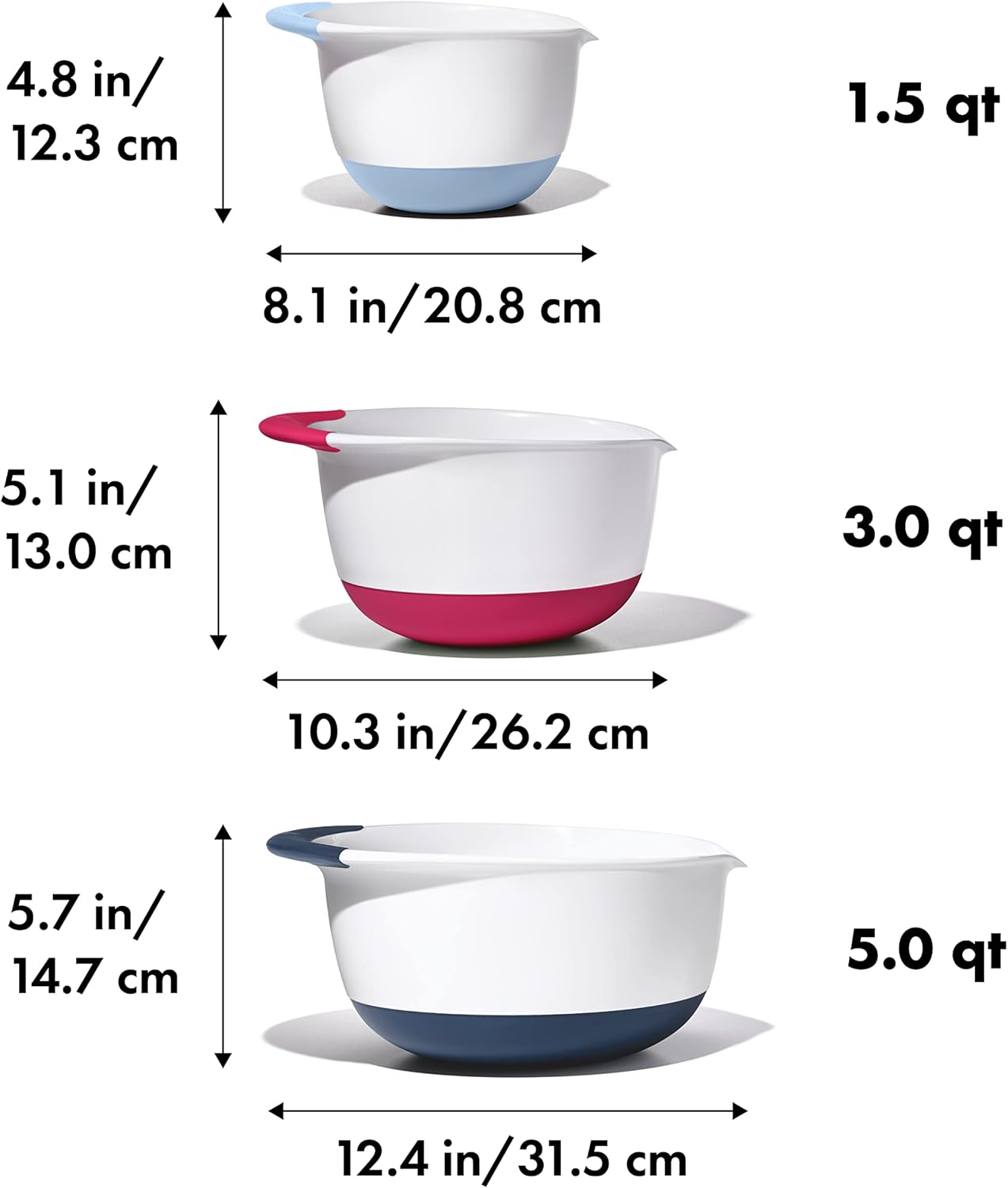 OXO Good Grips 3-Piece Plastic Mixing Bowl Set - Cadet Blue, Tower Gray, Jade, Small, Medium, Large
