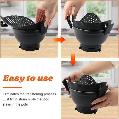 Clip on Strainer with Scraper,Silicone Strainer for Pots and Pans Adjustable Pasta Colander for Meat Vegetables Fruit Universal Fit For All Utensils(COLOR:black)