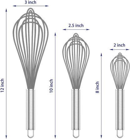 OYV 304 Stainless Steel Whisk Set, Dishwasher Safe Rustproof Metal Whisk, Professional Balloon Wire Whisks for Kitchen Cooking, Perfect For Blending, Whisking, Baking, Beating, 3 Packs (8" 10" 12")