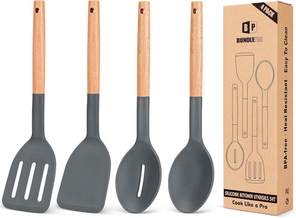 Pack of 4 Silicone Cooking Utensils Set, Non Stick Solid Spatulas and Heat Resistant Slotted Spoons with Wooden Handle, Ideal Wood Kitchen Utensils Set for Frying,Serving,Turning,Stirring (KHAKI)