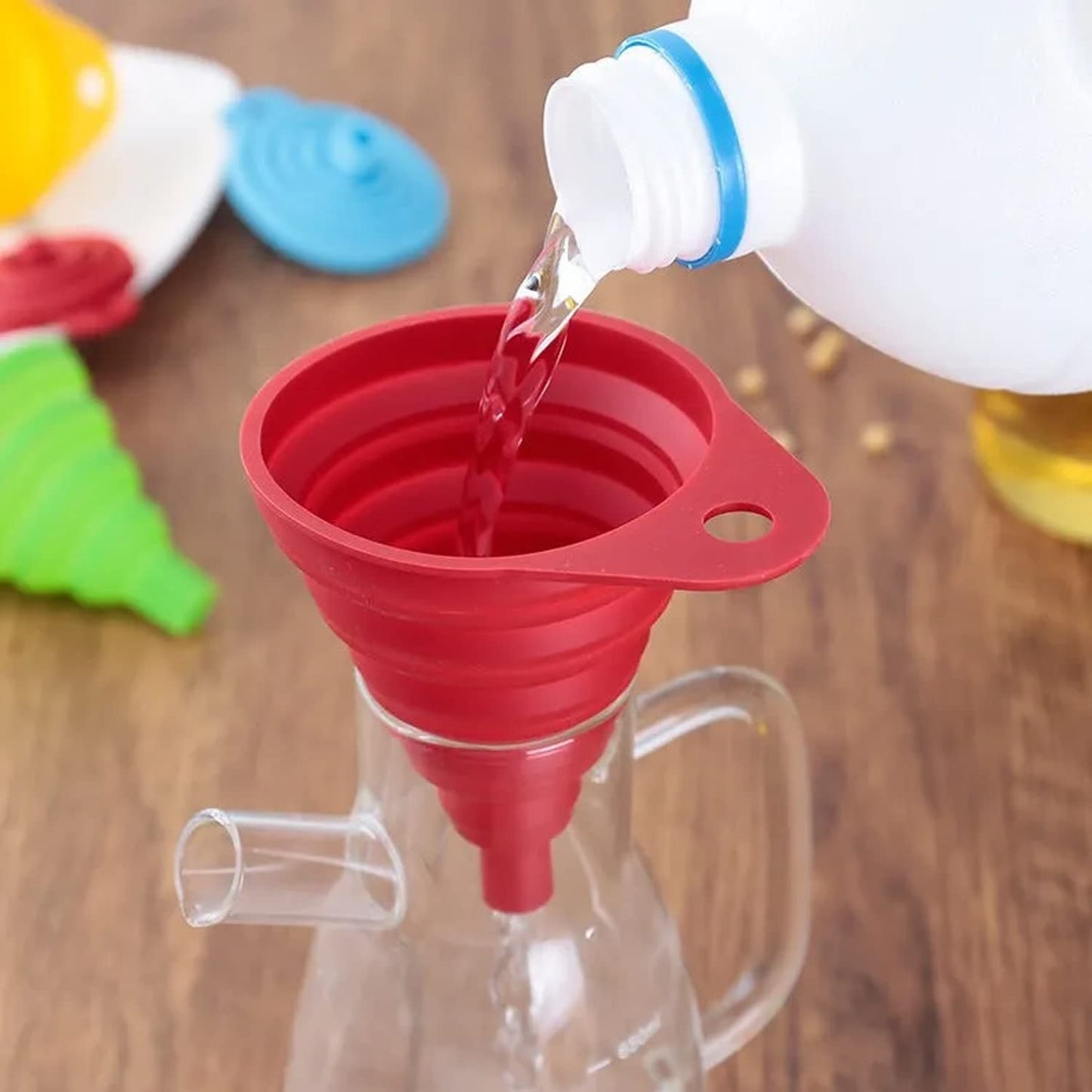 Set of 4 Silicone Collapsible Kitchen Funnel - X-Small to Large Sizes for Easy Liquid Transfer Food Grade Silicone Collapsible Gadgets (Multicolor)
