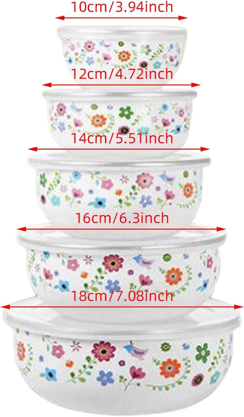 5 Pieces Mixing Bowl Set Food Prep Bowls Round Bowl Kitchen Enamel Covered Bowl with Airtight Lids for Cakes Biscuits Baking, Floral