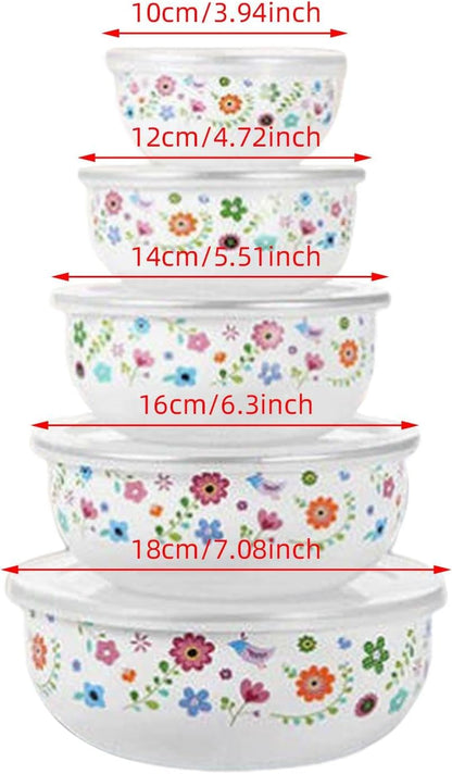 5 Pieces Mixing Bowl Set Food Prep Bowls Round Bowl Kitchen Enamel Covered Bowl with Airtight Lids for Cakes Biscuits Baking, Floral