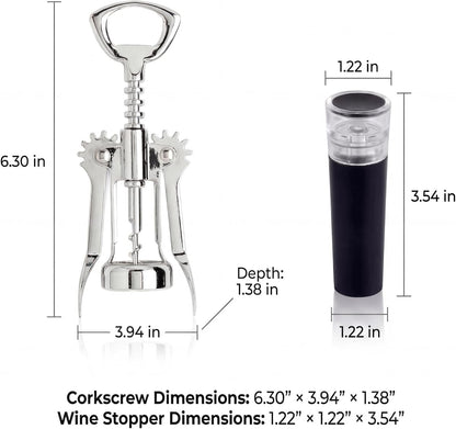 Wing Corkscrew Wine Opener Set, Zinc Alloy Manual with Built-in Cap Opener and 2 Vacuum Stoppers, Stainless Steel, Heavy Duty, 7-Inch
