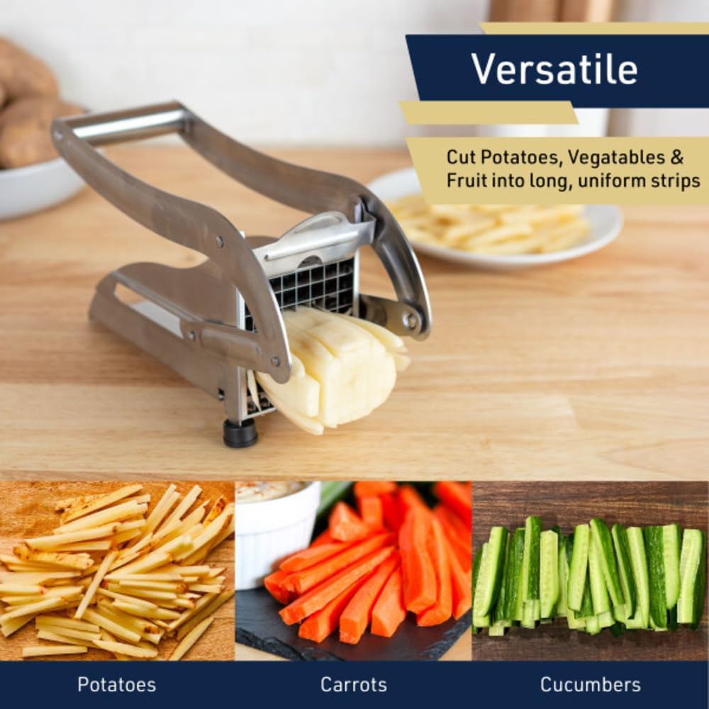 French Fry Cutter - Potato Cutter with Two Blades for Steak and Shoestring Cuts - Stainless Steel Potato Slicer with Non-Slip Suction Cups - Cooking Gadgets by Classic Cuisine
