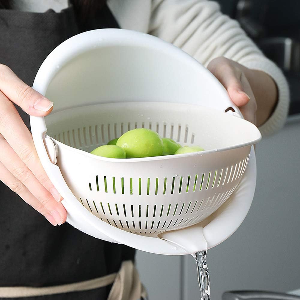 Double Layer Swivel Drainer 2 in 1 Bowl Strainer Combo - Kitchen Colander Fruit Wash Strainer for Cleaning Veggies, Noodles (Beige)
