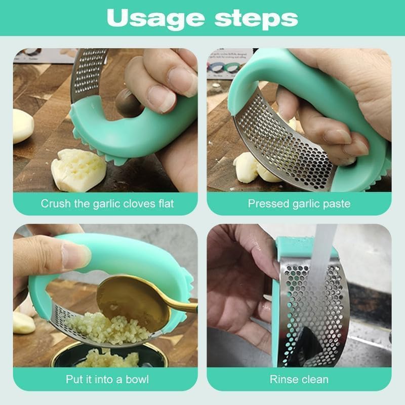 Stainless Steel Garlic Press, Garlic Mincer Crusher Masher with Peeler and Cleaning Brush, Garlic Chopper Garlic Press Rocker Set with Peeler, Garlic Chopper for Smash Garlic Kitchen Tools (Black)