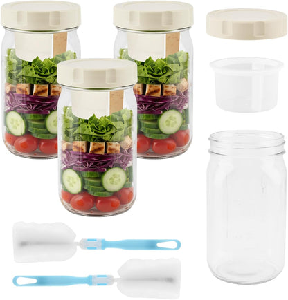 4 Pack Glass Salad Jars with Lids Meal Prep, 32oz Leakproof Mason Jar Salad Container for Lunch With 2pcs Brushes, Two Small Separate Compartments for Dressing and Dry Ingredients