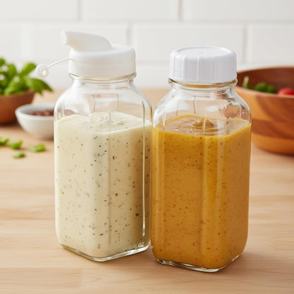 Salad Dressing Container 16 Oz, 2 Pack Glass Salad Dressing Shaker Bottle for Kitchen Countertop, with Silicone Spout and Leakproof Lid, Glass Shaker Bottle for Oil, Vinegar, Home Meal Prep Storage
