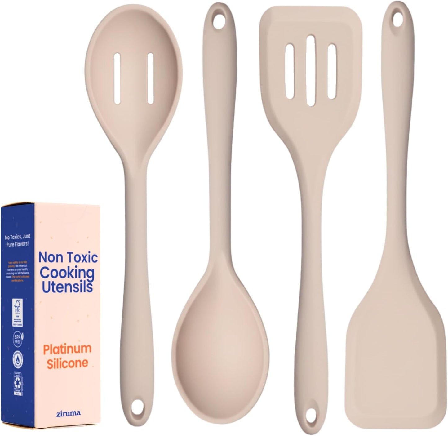 Non-Toxic Platinum Silicone Kitchen Utensil Set of 2 – Non-Scratch Cooking Spoon & Spatula, 100% Plastic Free, Stainless Steel Core, Heat Resistant 500°F, Beige
