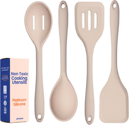 Non-Toxic Platinum Silicone Kitchen Utensil Set of 2 – Non-Scratch Cooking Spoon & Spatula, 100% Plastic Free, Stainless Steel Core, Heat Resistant 500°F, Beige