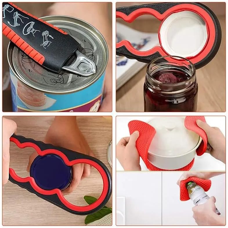 5 in 1 Bottle Opener, Multi Use Jar Opener, Non Slip Jar Opener Grip Pad - Easy to Use for Everyday Kitchen Tasks, Ideal for Weak Hand Strength (Red)