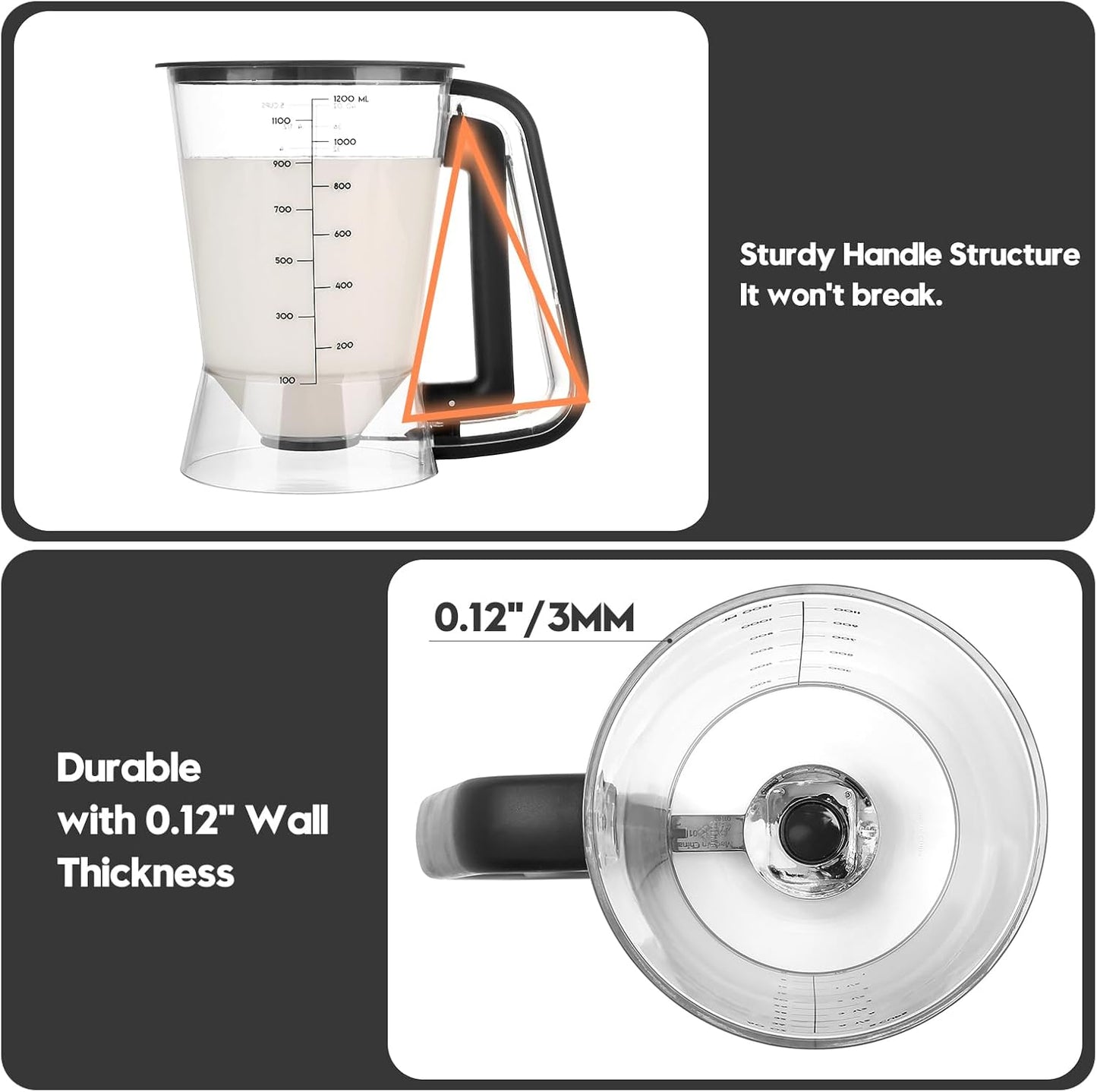 Pancake Batter Dispenser 5-Cup Batter Pourer for Maker Pancakes, Waffles, Crepes, Muffins, Cupcakes, Easy Squeeze Grip Handle with Proof Nozzle, Precise Baking Tools (Black)