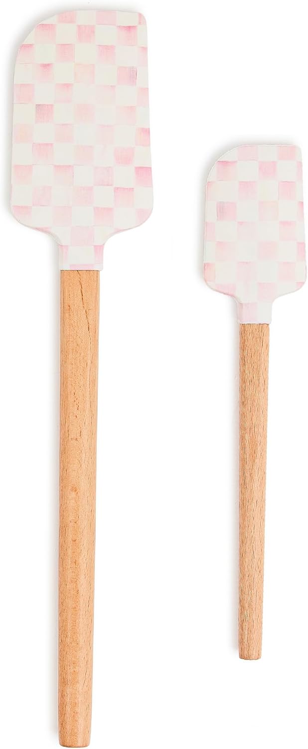 MACKENZIE-CHILDS Silicone Spatulas with Wooden Handles, Silicone Kitchen Spatula Set, 9 Inches and 12.75 Inches, Set of 2, Green-and-White Emerald Check
