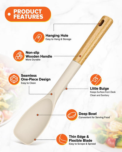 Silicone Spatula and Spoonula Set, Great For Stirring, Tough Mixing and Folding, Sturdy Bpa-Free Matte Silicone, Wooden Handle Rubber Scraper For Nonstick Cookwares (Grey)