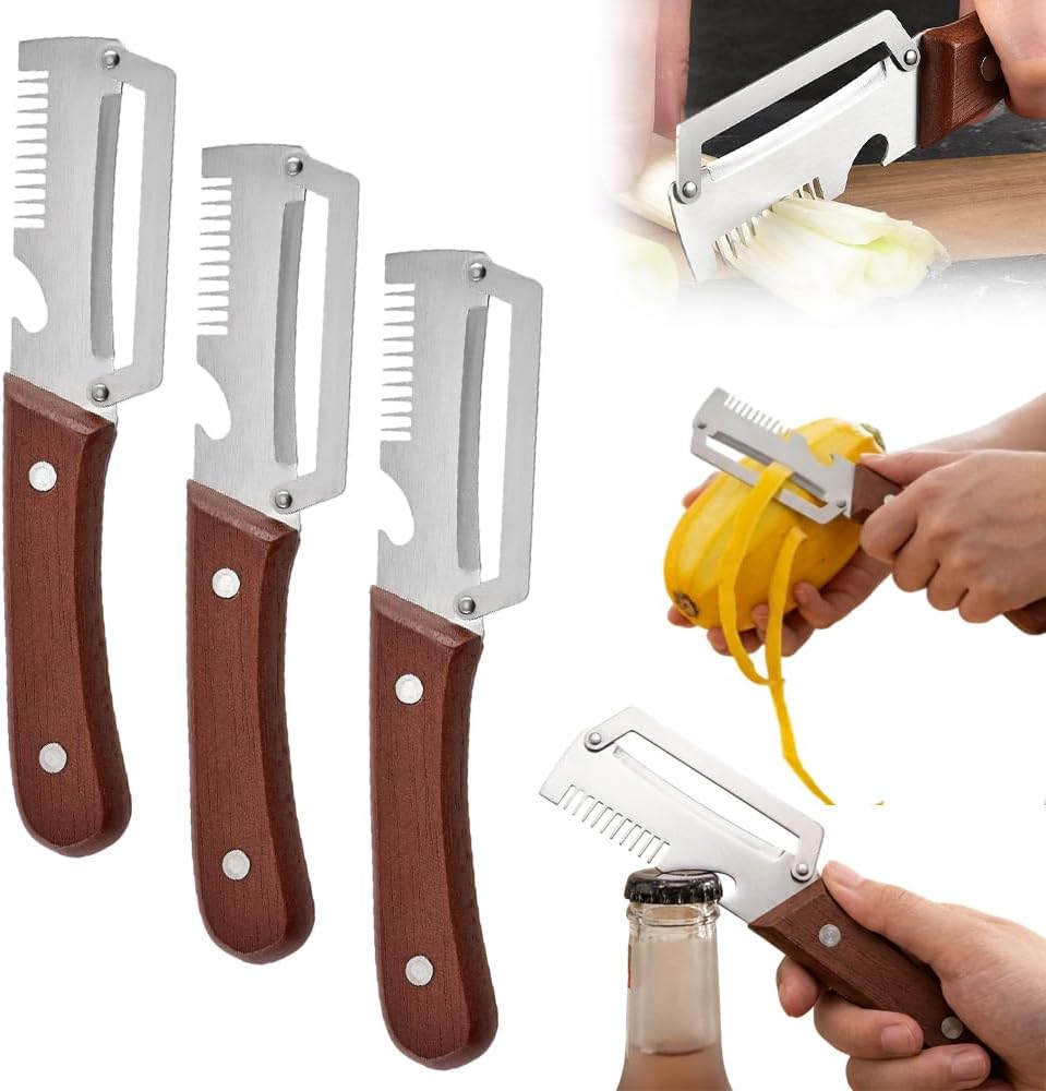2026 Upgrade Multi-functional Vegetable Peeler, 3 in 1 Ktchen Multi-function Stainless Steel Thickened Fruit Peeler Knife with Wooden Handle, Suitable for Peeling Fruits and Shredding Scallions (2Pcs)