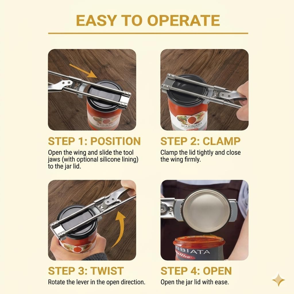 Adjustable Jar Opener –2026 Stainless Steel Can & Bottle Opener for Weak Hands Seniors Up to 4-Inch Lids,Optional Silicone