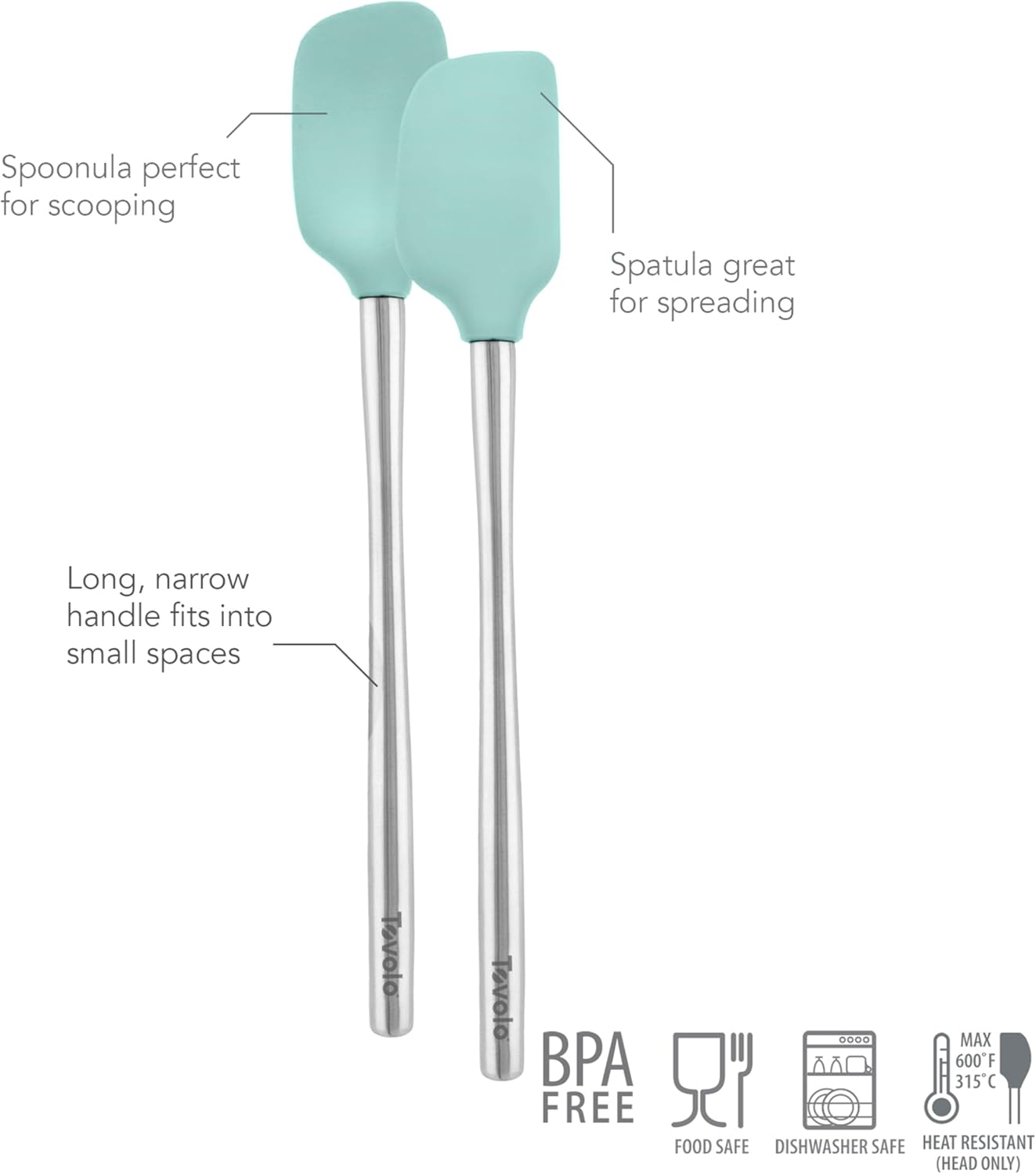 Tovolo Flex Core Silicone Spatula Spoonula Set of 2 for Non Stick Cast Iron Cooking & Baking, Dishwasher Safe Heat Resistant BPA Free Long Stainless Steel Handle Kitchen Utensil, Charcoal Gray
