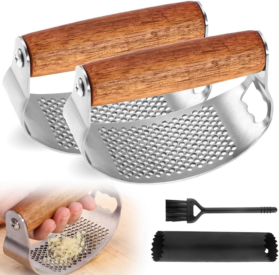 Stainless Steel Garlic Presser, Upgraded Garlic Press Rocker with Peeler and Cleaning Brush, Ergonomic Handle for Cooking Enthusiasts (1 pcs)