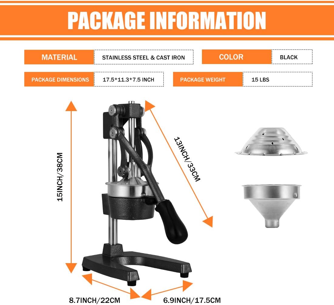 Commercial Heavy Duty Cast Iron Hand Press Manual Orange Citrus Lemon Lime Grapefruit Pomegranate Fruit Juice Squeezer Machine with Stainless Steel Cup