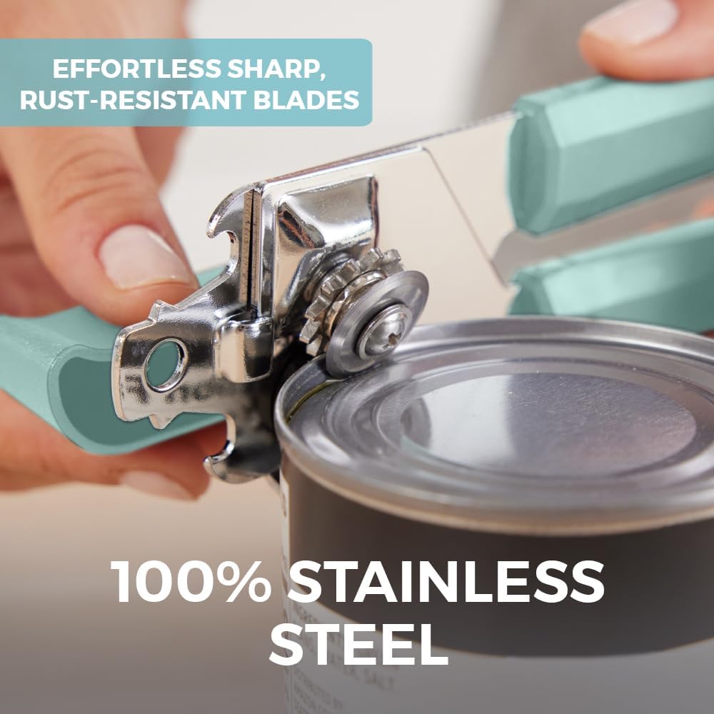 Kitchen Genie Slip Resistant Stainless Steel Manual Can Opener, Sharp Blade for Smooth Edge Cuts, Easily Open Cans, Ergonomic Handles with Easy to Turn Knob, Built-In Bottle Openers, Pitch Black