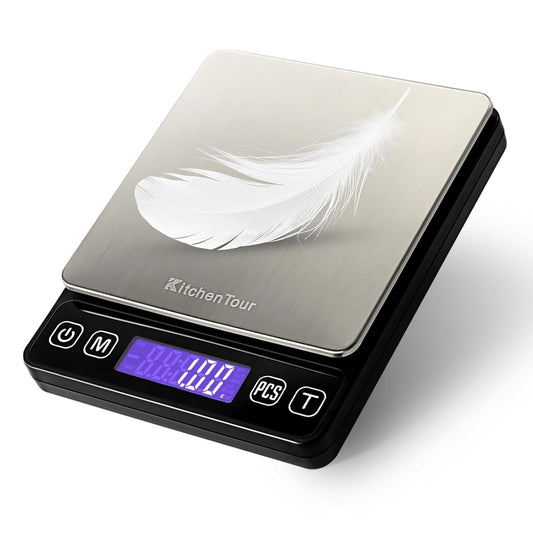 KitchenTour Digital Kitchen Gram Scale - 500g/0.01g - High Accuracy Precision Food Scale - Meat Scale with Back-Lit LCD Display(Batteries Included)-Black