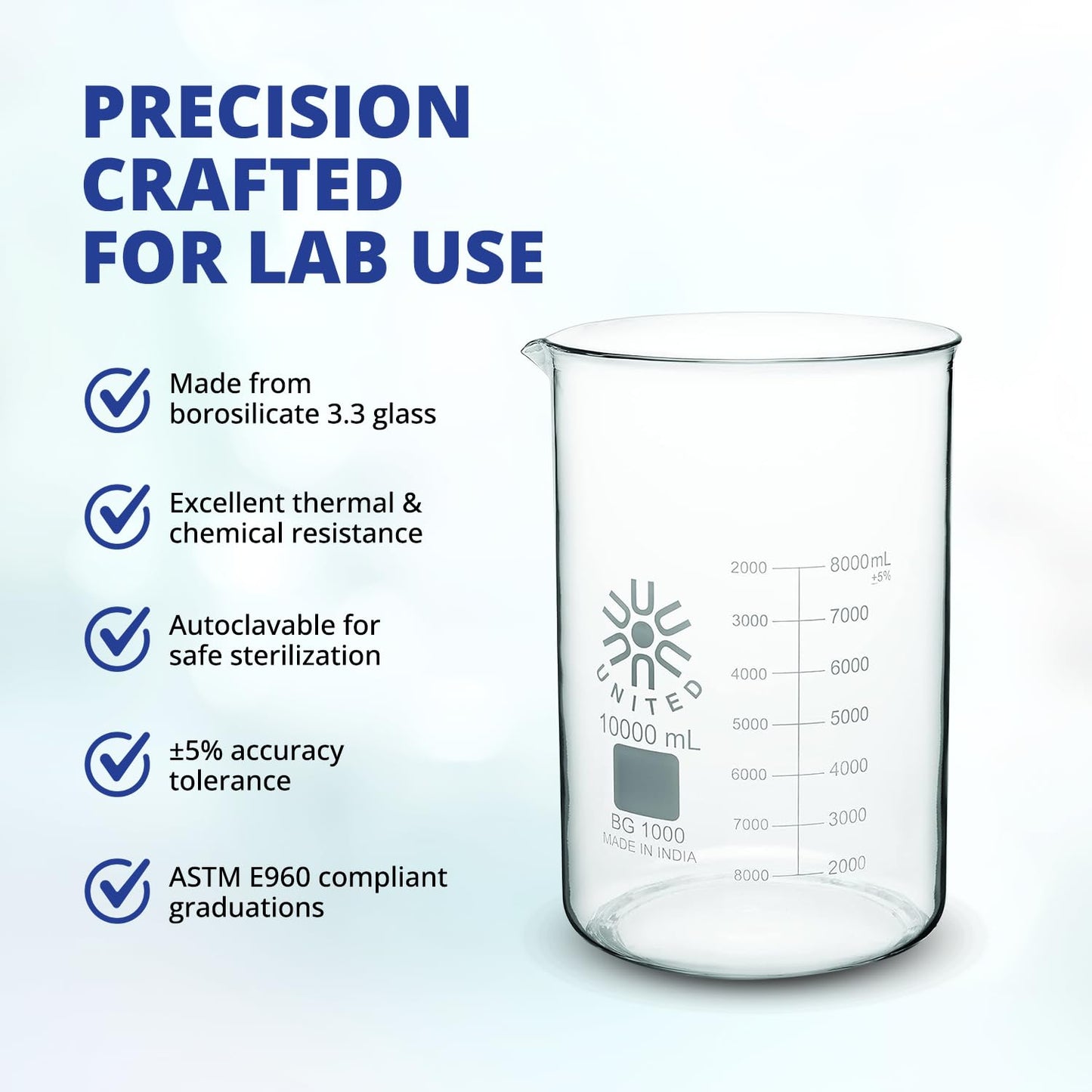United Scientific™ Chemistry Glassware Measuring Beaker, 1000mL Low Form Griffin, 3.3 Borosilicate Laboratory Glassware, Double Scale Graduated, Autoclavable, ASTM-E960 Compliant, 1 Each
