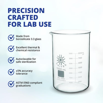 United Scientific™ Chemistry Glassware Measuring Beaker, 1000mL Low Form Griffin, 3.3 Borosilicate Laboratory Glassware, Double Scale Graduated, Autoclavable, ASTM-E960 Compliant, 1 Each