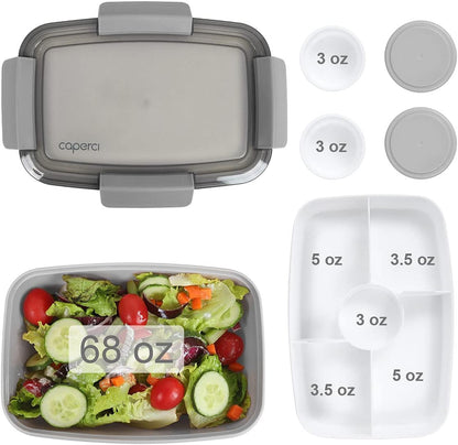 Caperci Large Salad Container Bowl for Lunch - Better Adult Bento Lunch Box 68 oz, 5-Compartment Tray, 2pcs 3-oz Sauce Cups, Stackable, BPA-Free (Navy)