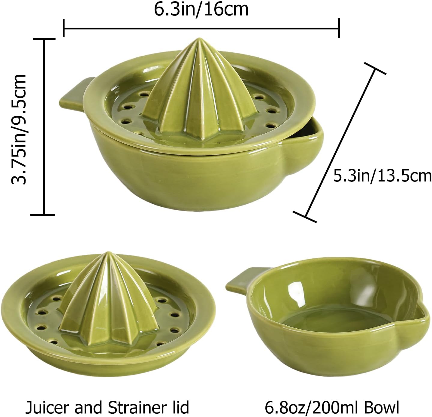 Ceramic Citrus Lemon Orange Juicer Manual Squeezer, Hand Juicer Reamer Rotation Press with 6.8oz Bowl, Strainer Lid, Spout, Handle, Dishwasher Safe, Easy to Clean
