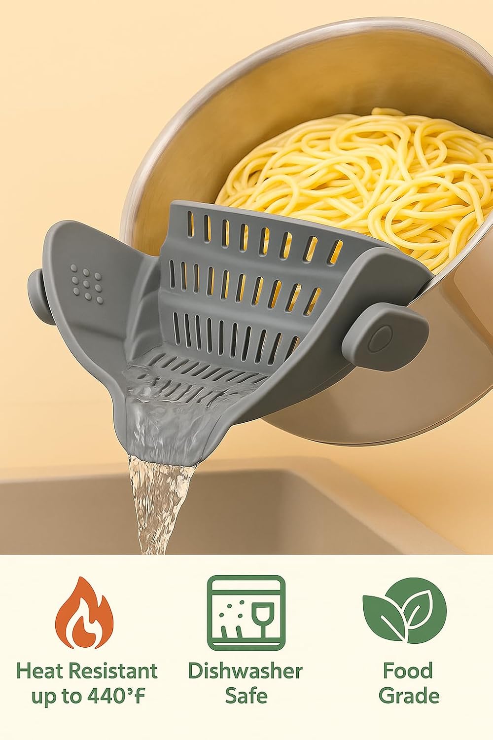 Smart Pots Food Strainer, Clip-On Silicone Colander, Heat-Resistant by TerraHome (Black)