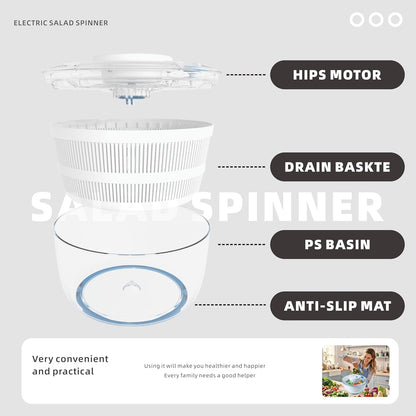 Subbuteo Electric Salad Spinner 4Qt – Rechargeable Lettuce Washer & Vegetable Dryer with 2+ Month Battery Life, Type-C, Detachable Parts, Spin Dry Kitchen Gadget for Greens Herbs Berries
