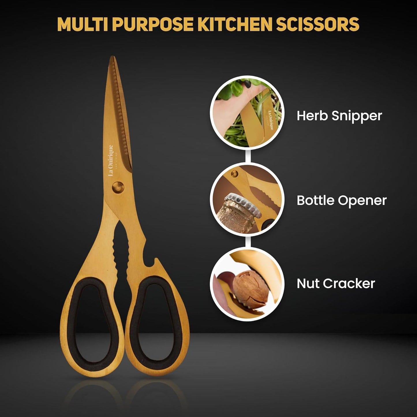 Luxury Gold Kitchen Accessories Set – Super Sharp Pizza Cutter Wheel, Garlic Press Rocker, Y Peeler, Serrated Pie & Cake Server – Premium Titanium-Coated Stainless Steel Flatware