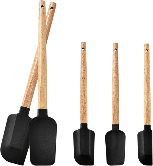 Silicone Spatula Set 5PCS Non-Stick,Ergonomic Wooden Handle, 600°F Heat Resistant - Food Grade Tools for Baking, Mixing, Frosting,Kitchen Cooking