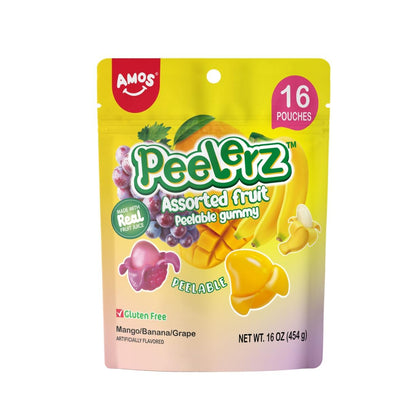 AMOS Peelerz Peelable Gummy Candy Variety Pack, Mango White Peach Banana Green Apple Passion Fruit Lychee, Soft Chewy Fruit Snack, Pack of 6