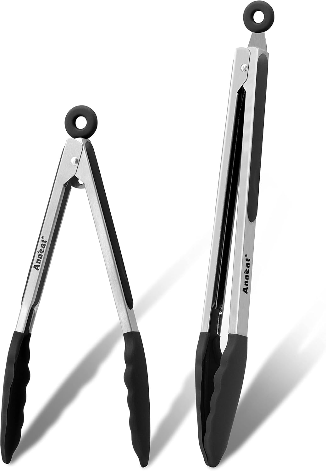 Anaeat Non-Stick Silicone Locking Tong Set of 3 - Stainless Steel 7", 9", 12" Kitchen Food Tongs with Non-Slip Silicone Tips and Grip for Cooking, Baking and BBQ - Heat Resistant up to 480°F (Black)
