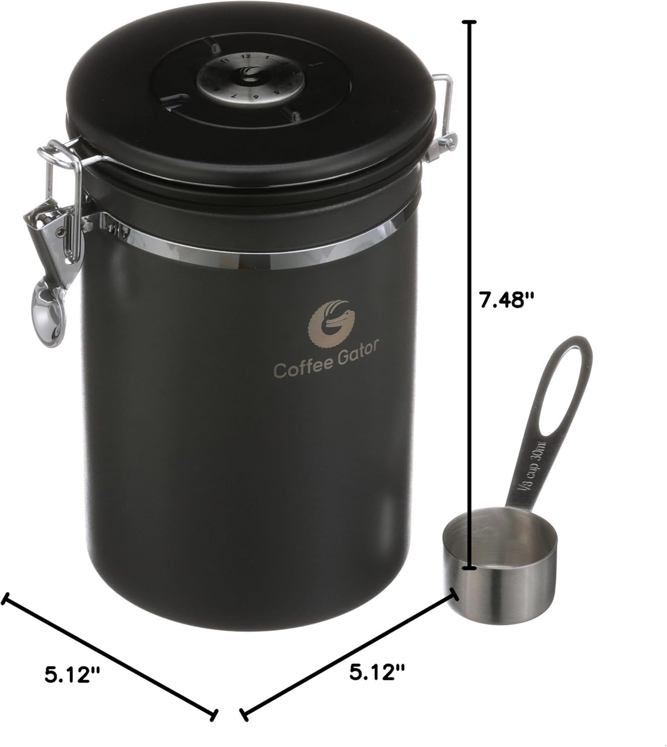 Coffee Gator Stainless Steel Canister - Medium 16oz, Gray Coffee Grounds and Beans Container with Date-Tracker, CO2-Release Valve, and Measuring Scoop - Ideal Coffee Lovers Gifts