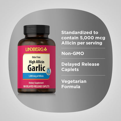 Lindberg Garlic Supplement Pills | 500mg | 100 Caplets | Odorless with High Allicin (5000mcg) | Allium Sativum Extract | Non-GMO, Gluten Free