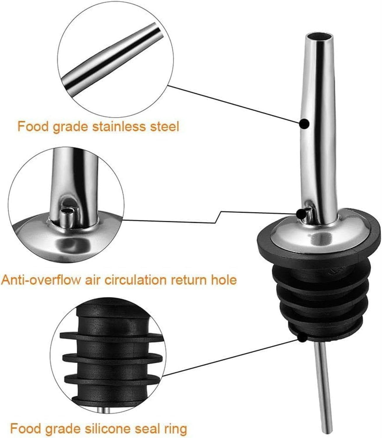2PCS Stainless Steel Pourers, Speed Liquor Bottle Pourer, Olive Oil and Vinegar Tapered Stopper Spout, Suitable for About 3/4" Bottle Mouth, Olive Oil Spout with Sealed Dust Caps