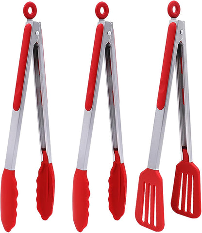 Mini Silicone Serving Tongs Set of 3, Small Kitchen Tongs (7 inch) with Silicone Tips and Stainless Steel Handle, Cooking Tongs for Salads, Pasta, Steaks, Vegetables