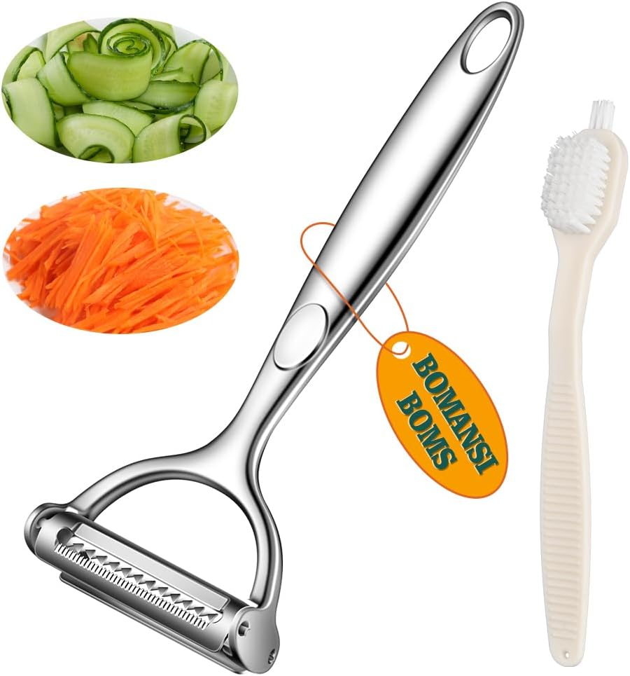 2 in 1 Ultra Sharp Julienne Peeler Vegetable Peeler for Kitchen with Clean Brush, Potato Peeler Y Peelers for Potatoes, Carrots, Fruits, Veggie, 2 Pack